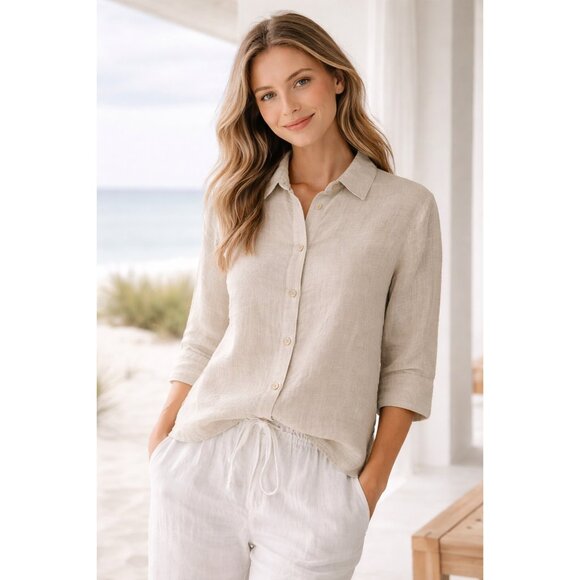 M&M Tops - M&M 100% Linen Button Front Blouse Beige Italy 3/4 Sleeve 48 L